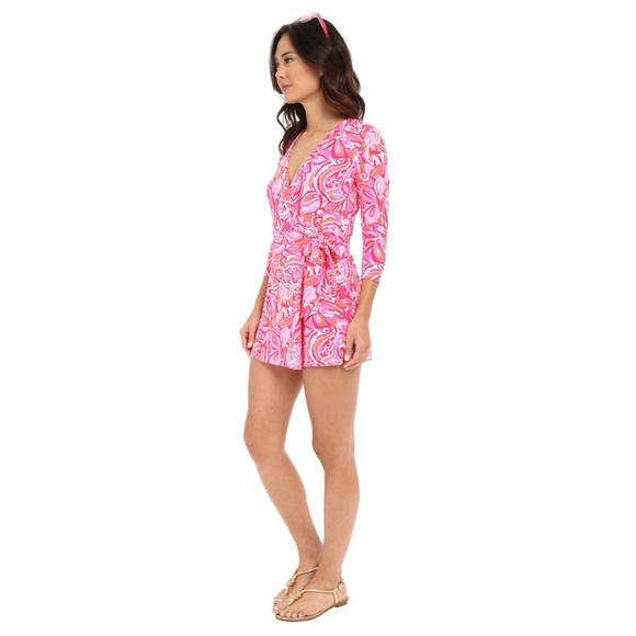 Lilly Pulitzer Karlie Wrap Romper in Pink Pout‎ Mango Salsa - Picture 3 of 13